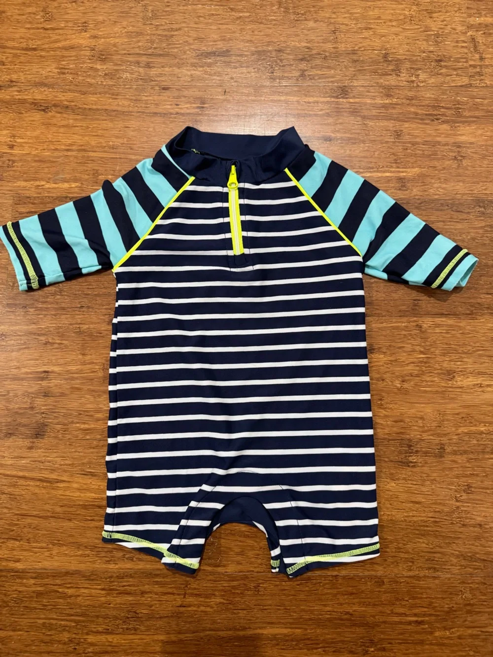 Baby GAP infant Navy & Aqua Striped Rash Guard with Neon Yellow Trim